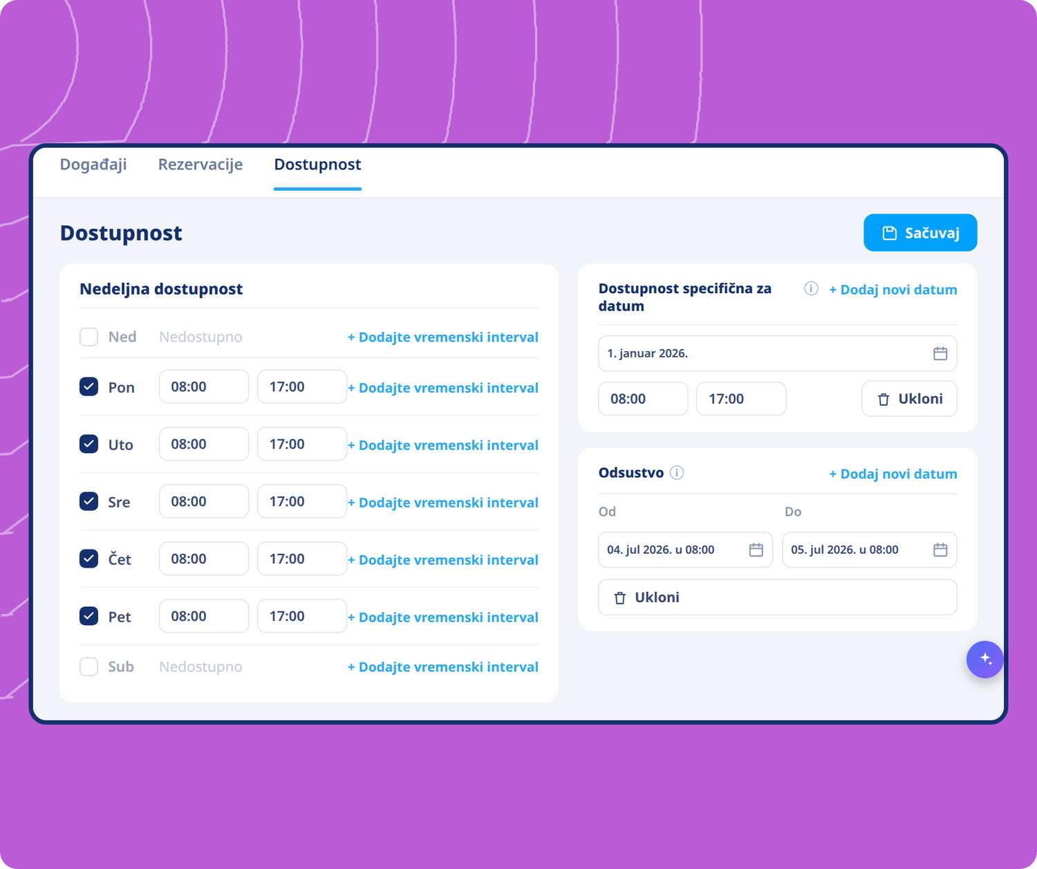 Availability scheduling interface in systeme.io showing weekly hours, date-specific availability, and time-off settings for bookings.