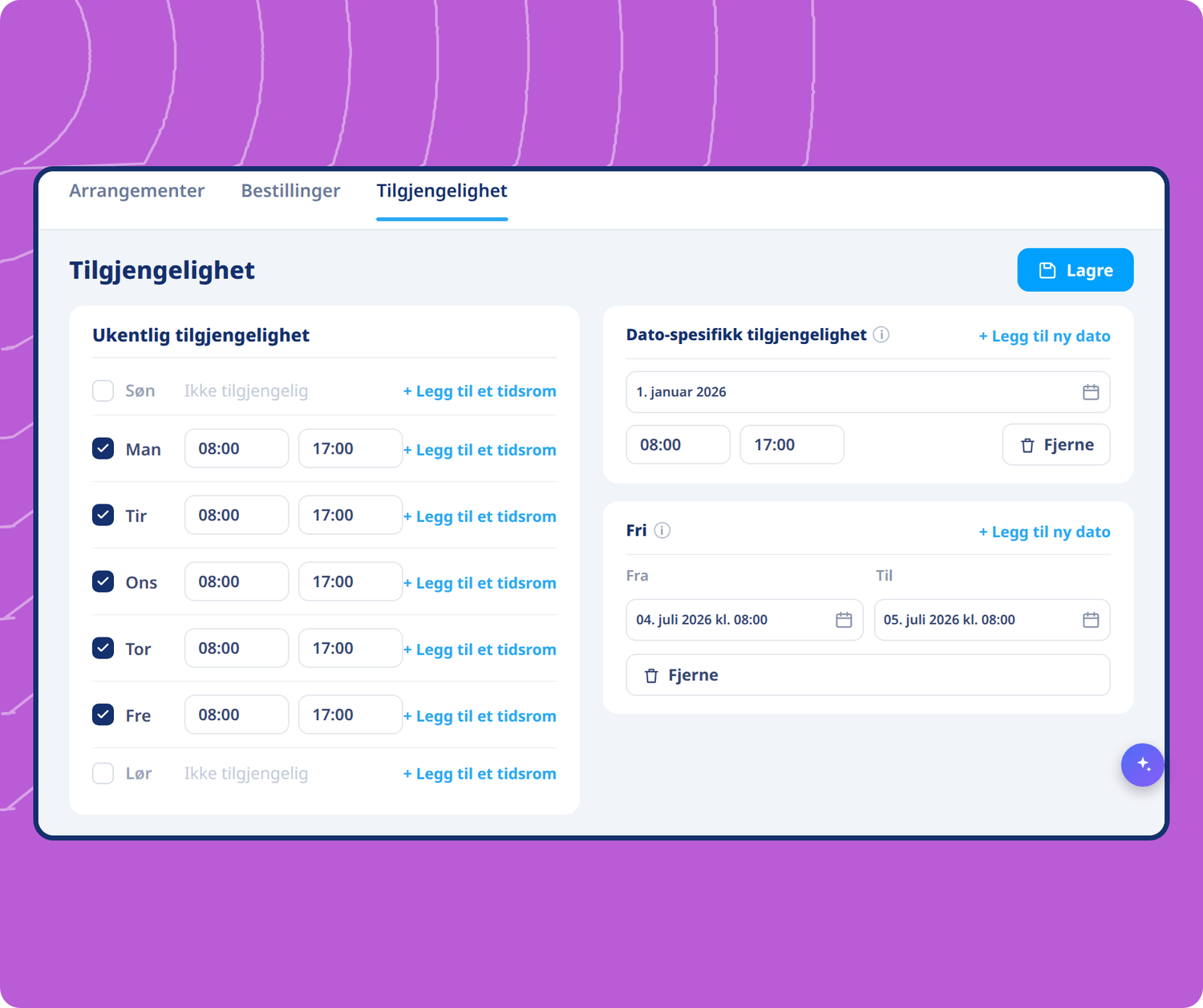Availability scheduling interface in systeme.io showing weekly hours, date-specific availability, and time-off settings for bookings.