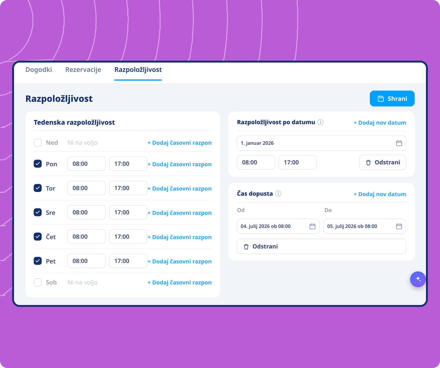 Availability scheduling interface in systeme.io showing weekly hours, date-specific availability, and time-off settings for bookings.