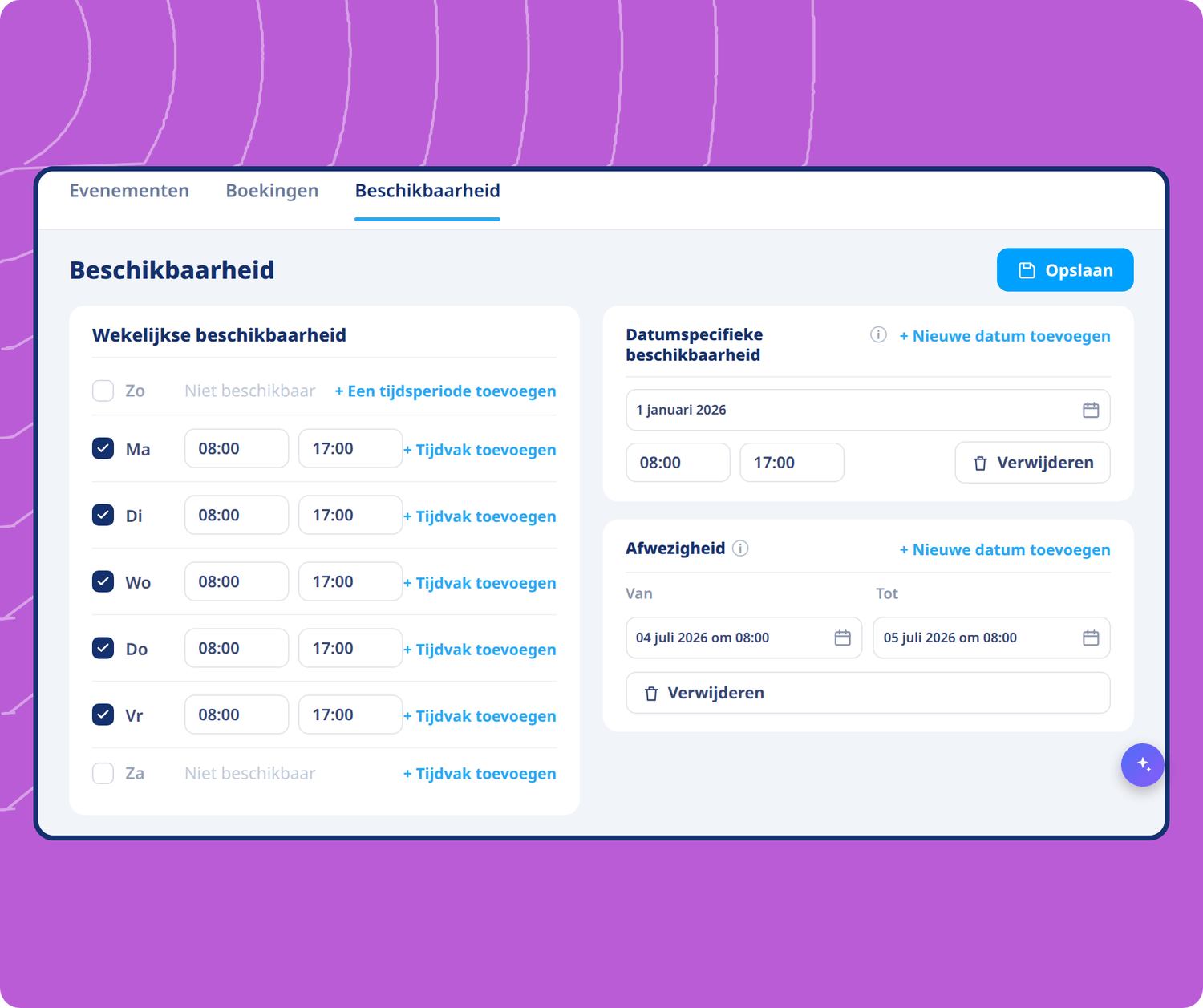 Availability scheduling interface in systeme.io showing weekly hours, date-specific availability, and time-off settings for bookings.