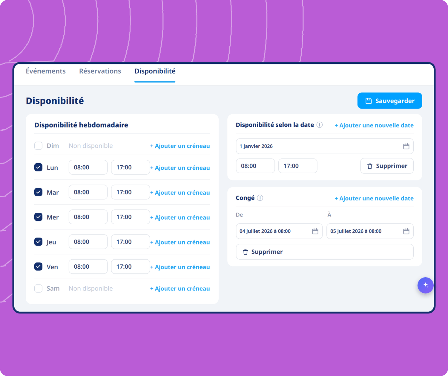 Availability scheduling interface in systeme.io showing weekly hours, date-specific availability, and time-off settings for bookings.