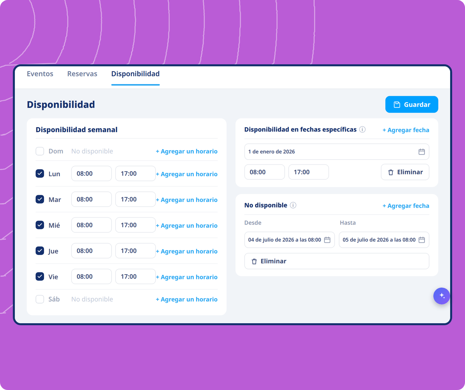 Availability scheduling interface in systeme.io showing weekly hours, date-specific availability, and time-off settings for bookings.