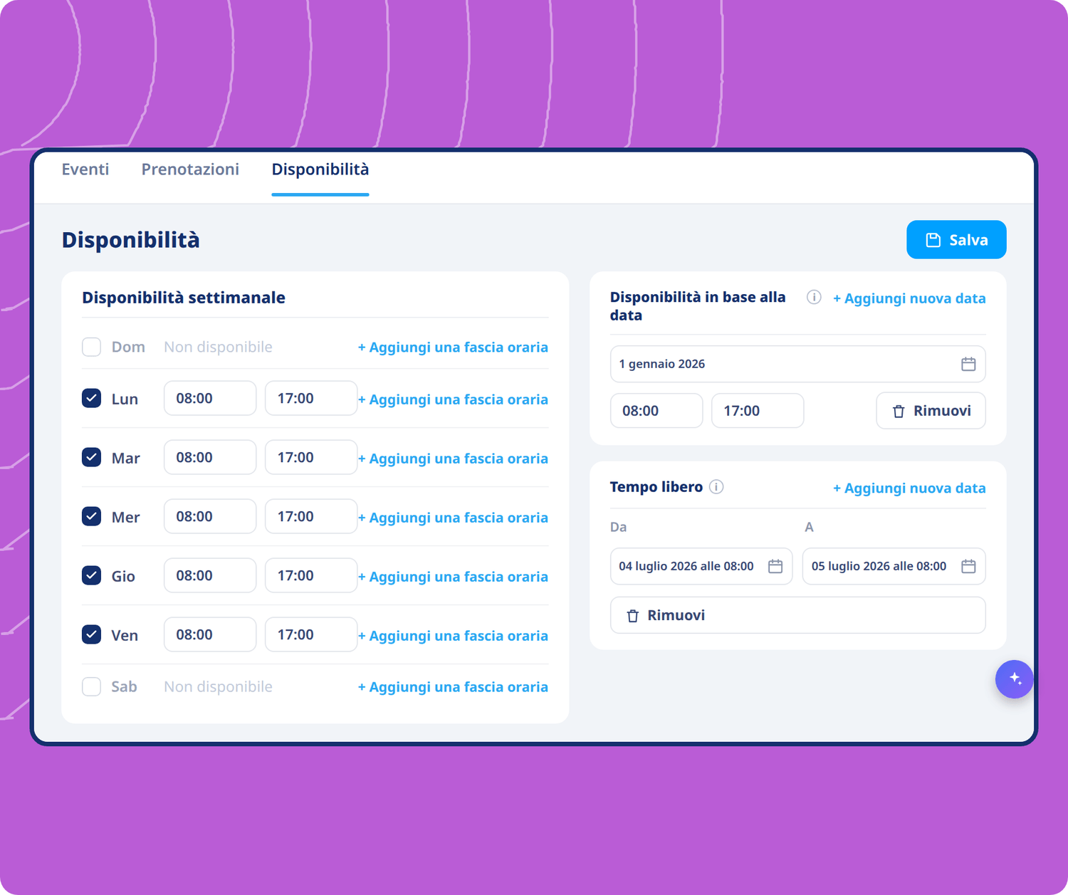 Availability scheduling interface in systeme.io showing weekly hours, date-specific availability, and time-off settings for bookings.