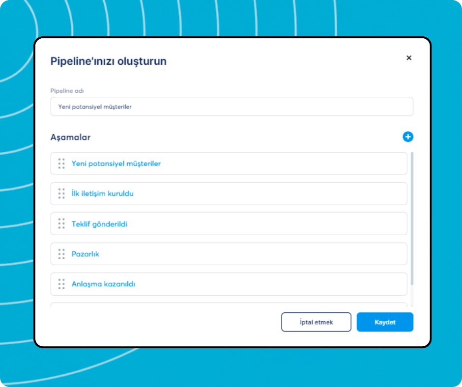 Pipeline creation modal in systeme.io allowing users to define pipeline name and customize deal stages for lead management.