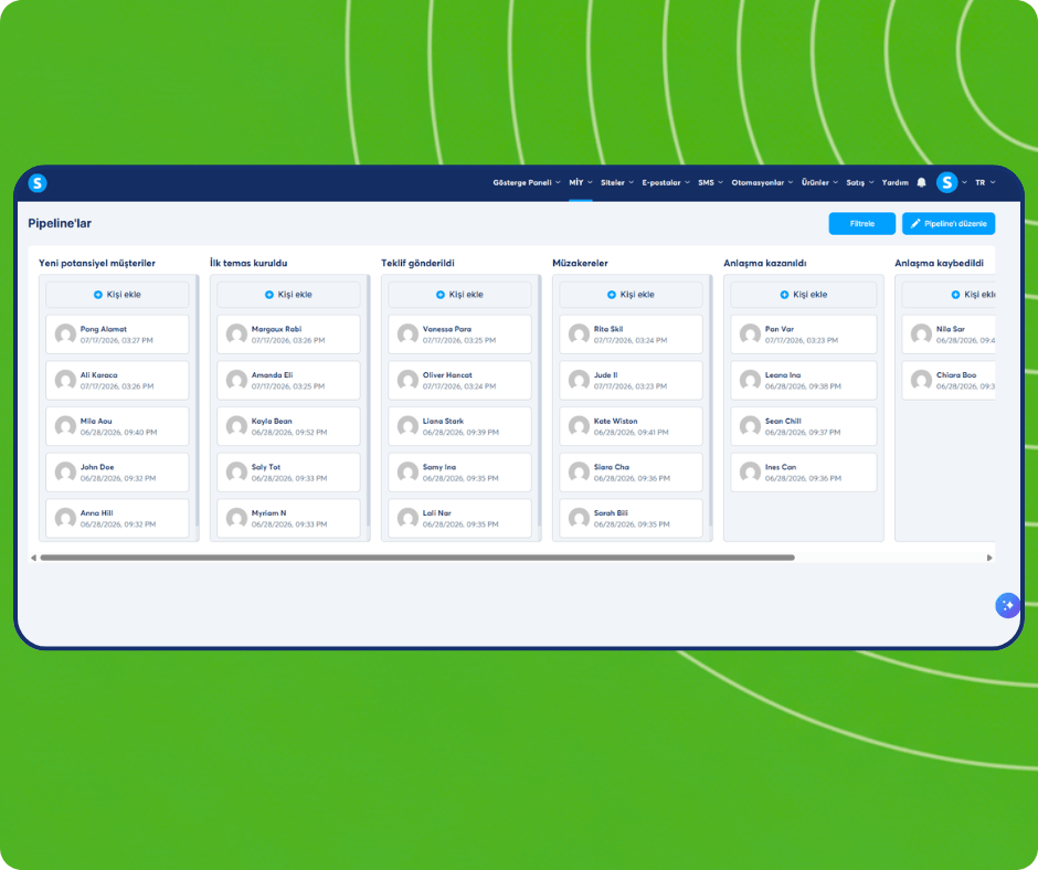 CRM pipeline board in systeme.io showing contacts distributed across stages from new leads to closed deals with drag-and-drop management