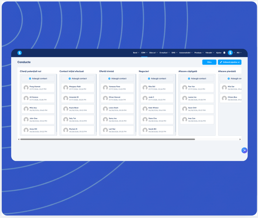 CRM pipeline view in systeme.io displaying leads organized by stages such as new leads, contact made, proposal sent, negotiation, won, and lost deals