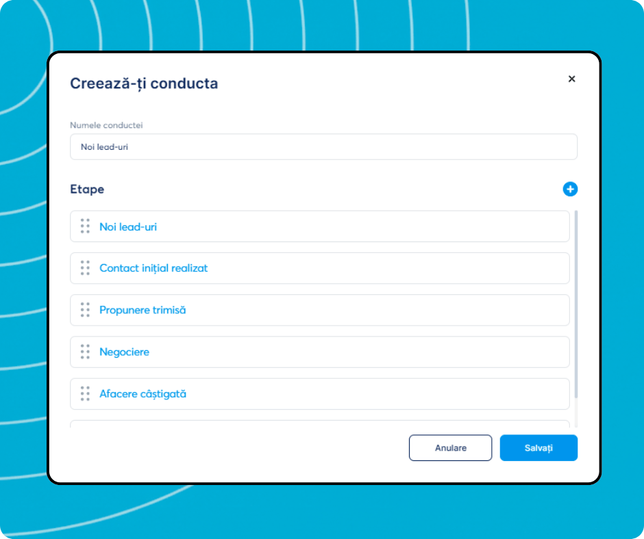 Pipeline creation modal in systeme.io allowing users to define pipeline name and customize deal stages for lead management.
