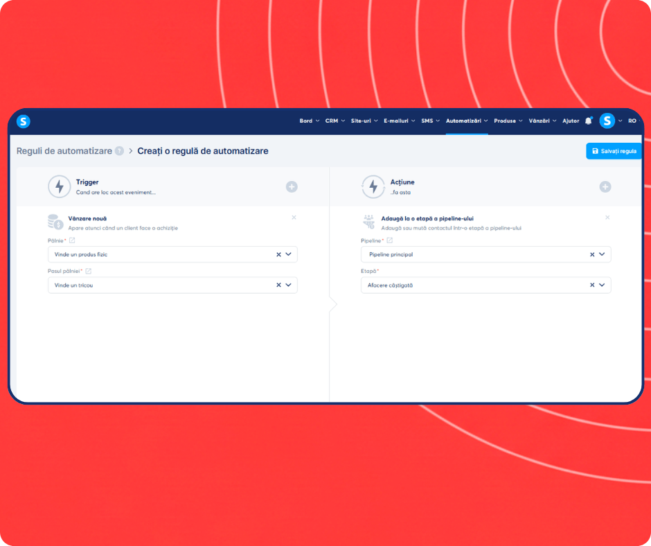 Automation rule setup in systeme.io assigning new sales to a specific CRM pipeline stage for streamlined deal tracking.