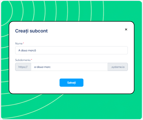 Sub-account creation form in systeme.io showing fields for workspace name and custom subdomain setup.