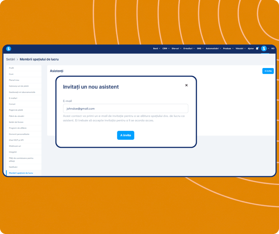 Invite assistant modal in systeme.io workspace settings allowing users to add team members by email and grant access to their account.