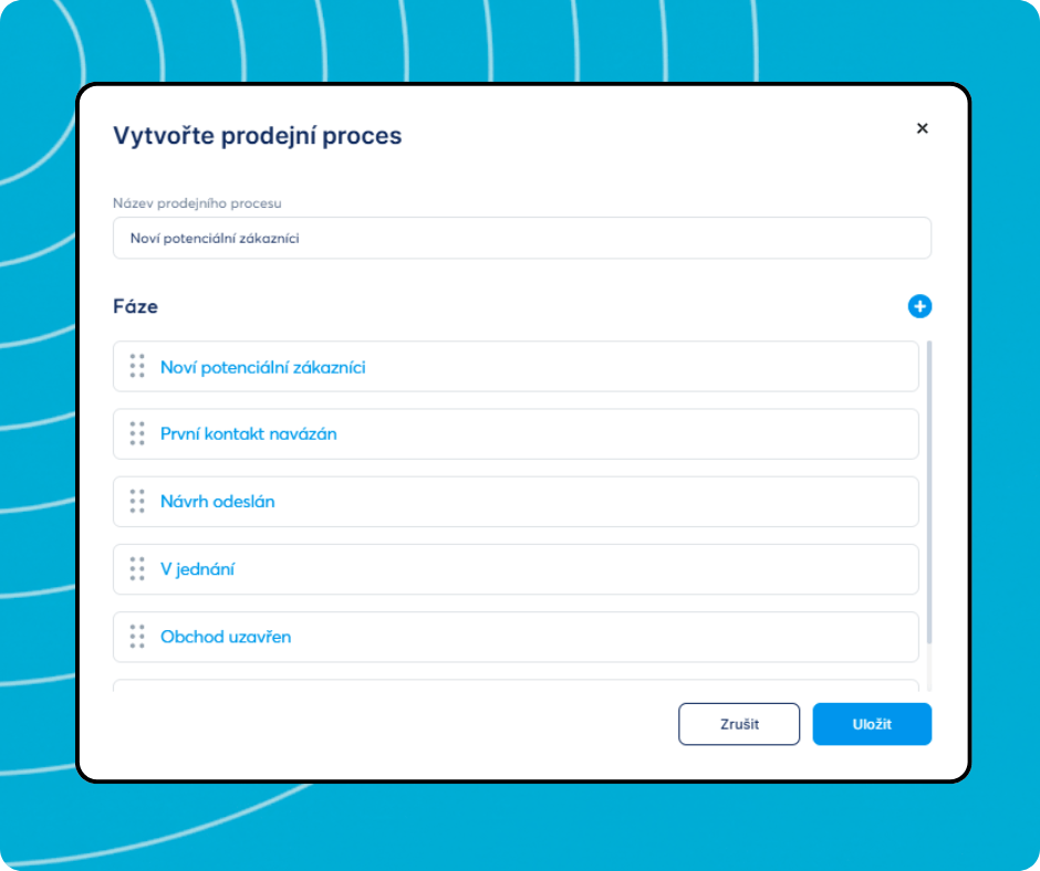 Pipeline creation modal in systeme.io allowing users to define pipeline name and customize deal stages for lead management.