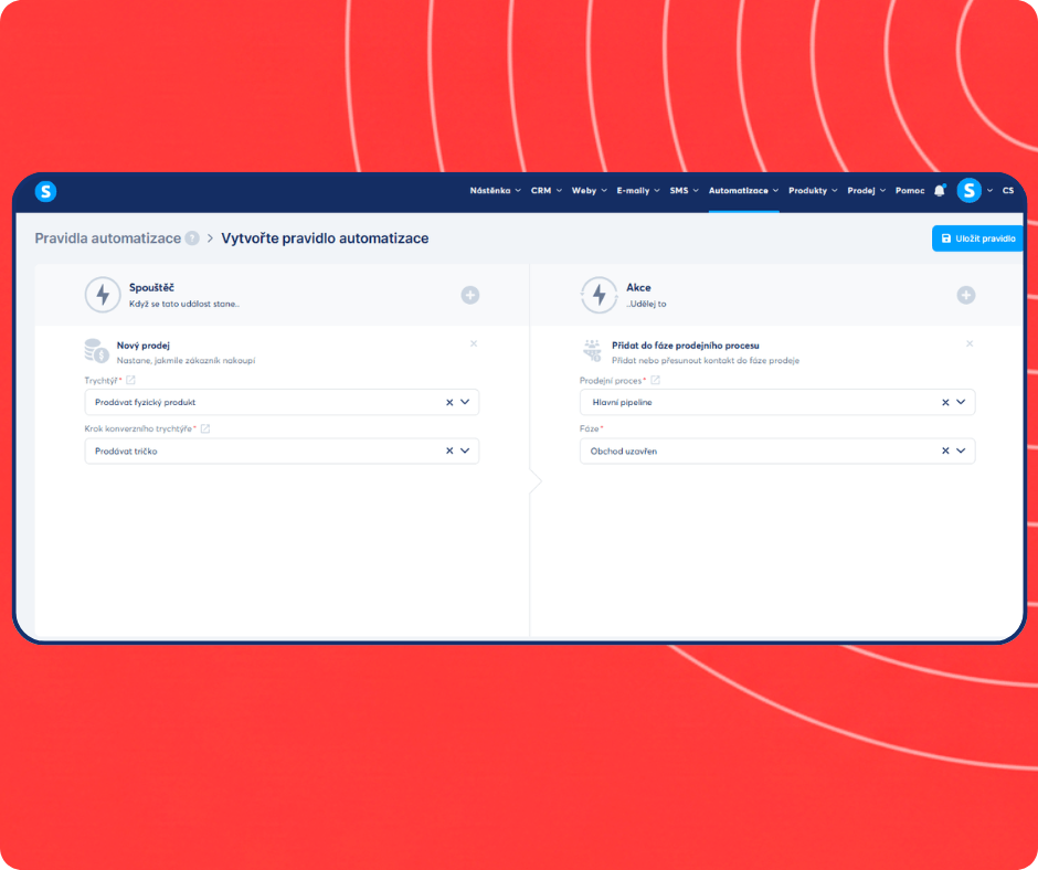 Automation rule setup in systeme.io assigning new sales to a specific CRM pipeline stage for streamlined deal tracking.