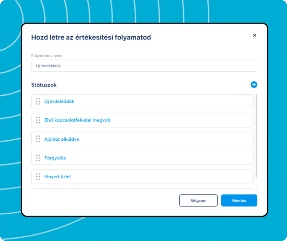 Pipeline creation modal in systeme.io allowing users to define pipeline name and customize deal stages for lead management.