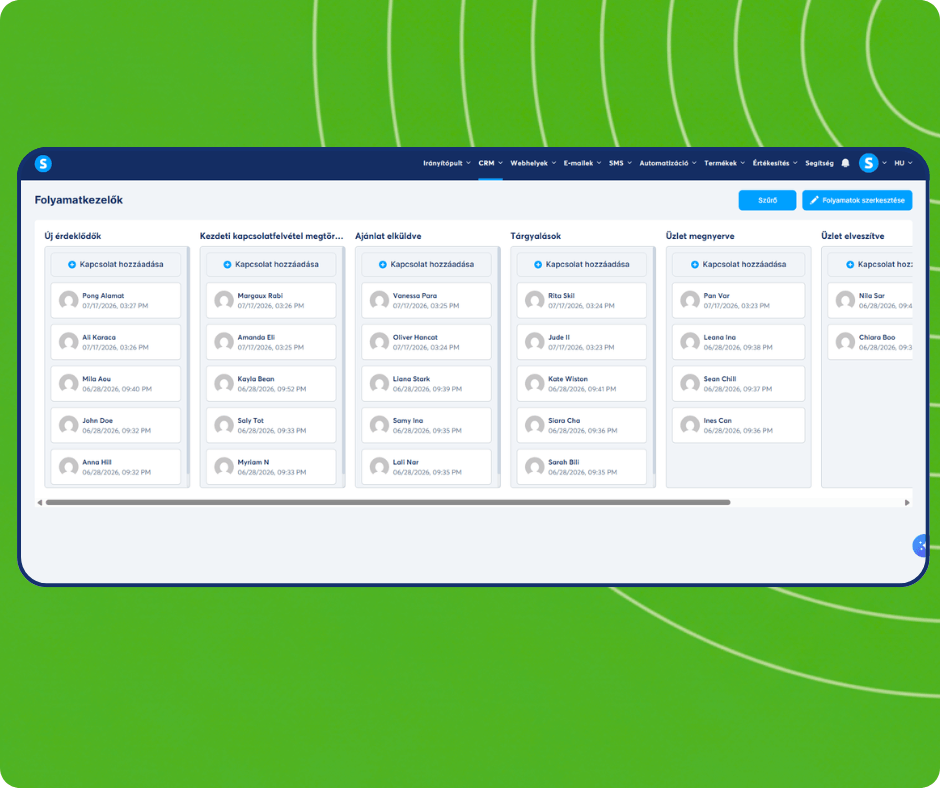 CRM pipeline board in systeme.io showing contacts distributed across stages from new leads to closed deals with drag-and-drop management