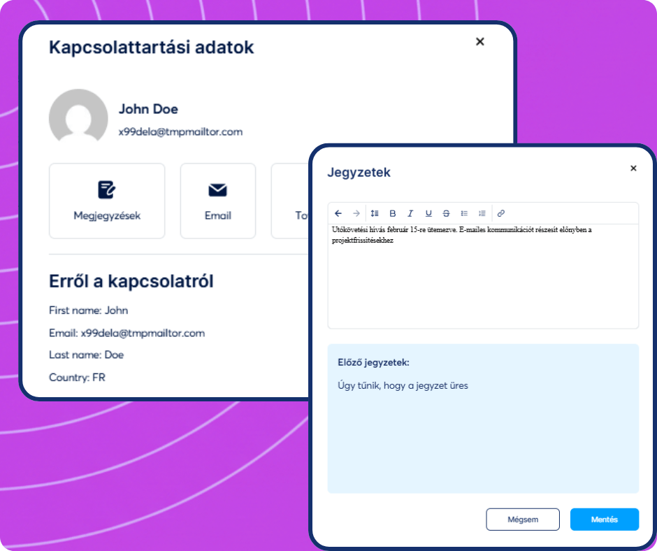 Contact details panel in systeme.io CRM with profile information, communication options, and notes editor for managing customer interactions.