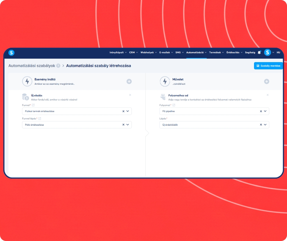 Automation rule setup in systeme.io assigning new sales to a specific CRM pipeline stage for streamlined deal tracking.