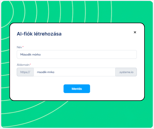 Sub-account creation form in systeme.io showing fields for workspace name and custom subdomain setup.