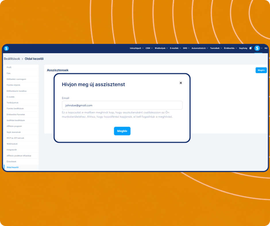 Invite assistant modal in systeme.io workspace settings allowing users to add team members by email and grant access to their account.