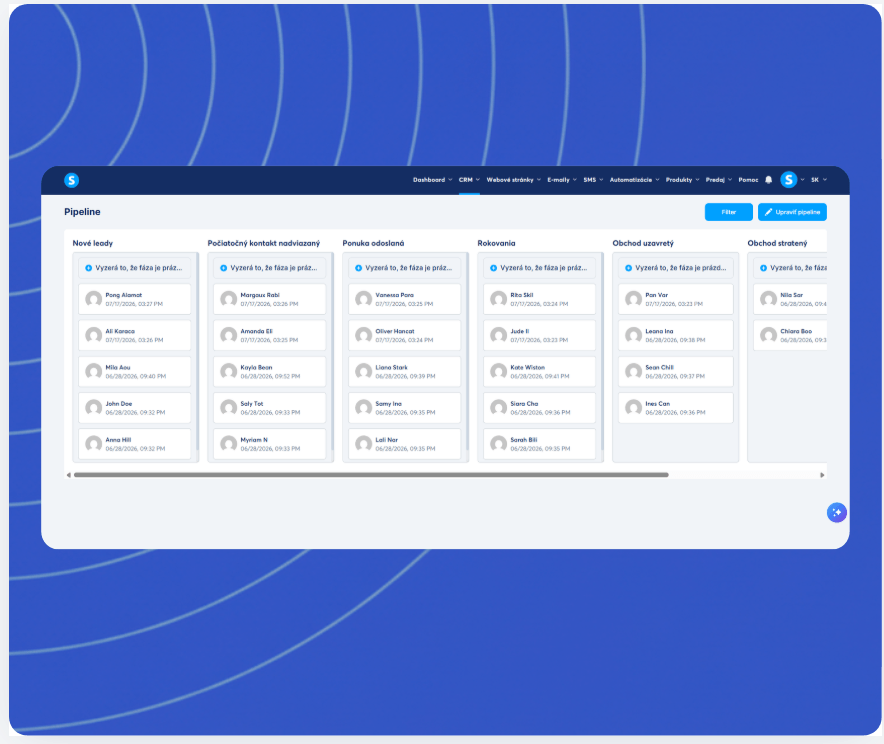 CRM pipeline view in systeme.io displaying leads organized by stages such as new leads, contact made, proposal sent, negotiation, won, and lost deals