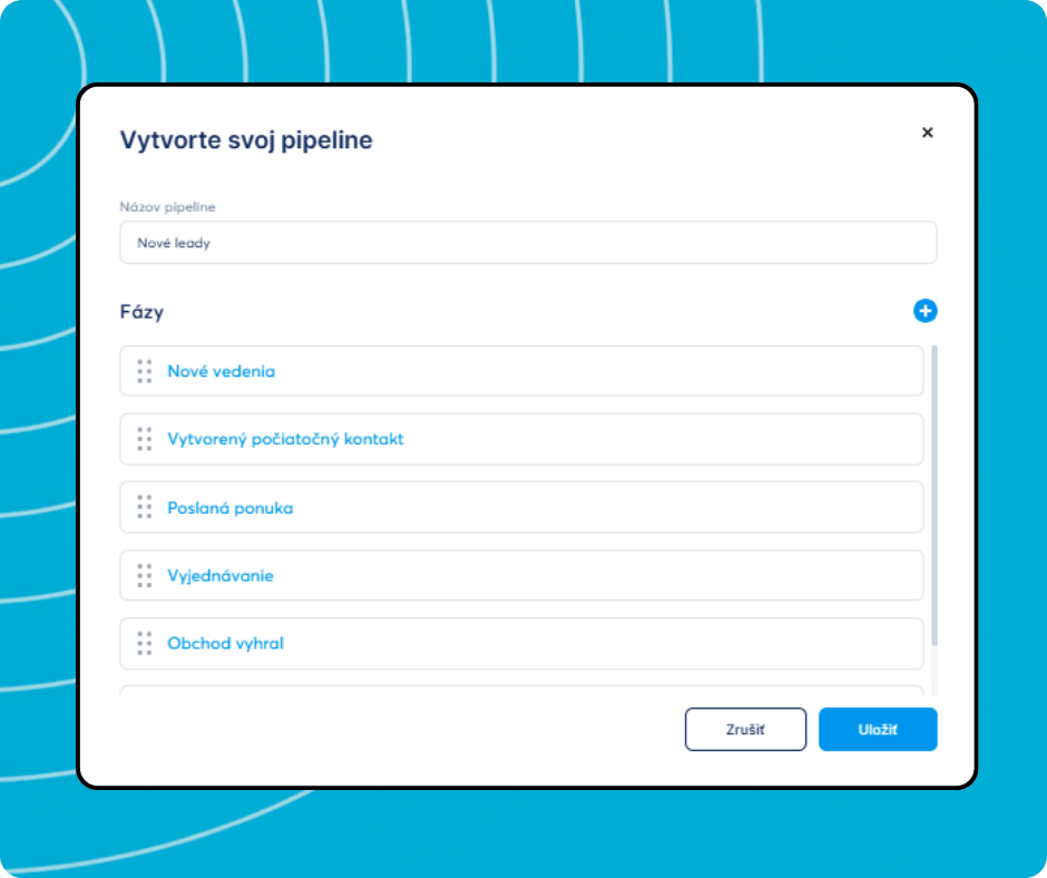 Pipeline creation modal in systeme.io allowing users to define pipeline name and customize deal stages for lead management.