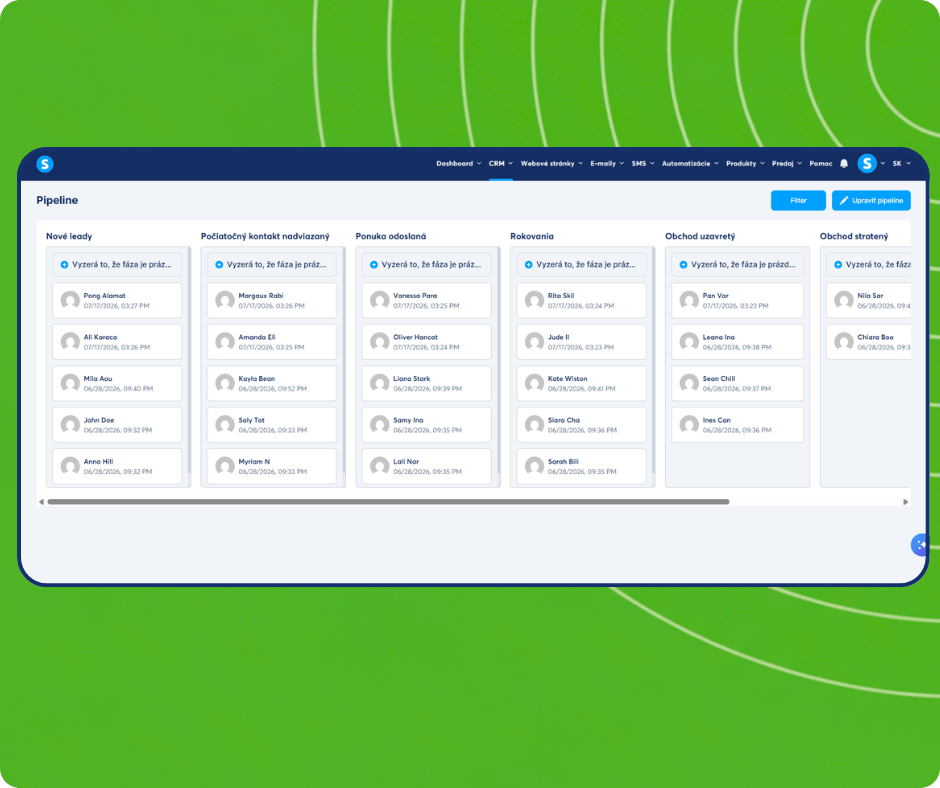 CRM pipeline board in systeme.io showing contacts distributed across stages from new leads to closed deals with drag-and-drop management