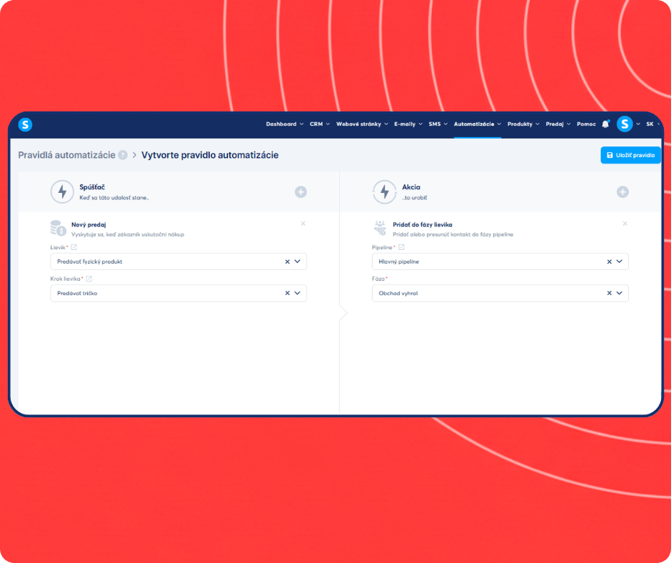 Automation rule setup in systeme.io assigning new sales to a specific CRM pipeline stage for streamlined deal tracking.