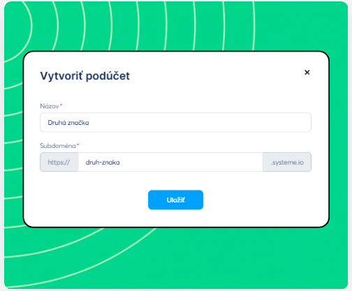 Sub-account creation form in systeme.io showing fields for workspace name and custom subdomain setup.