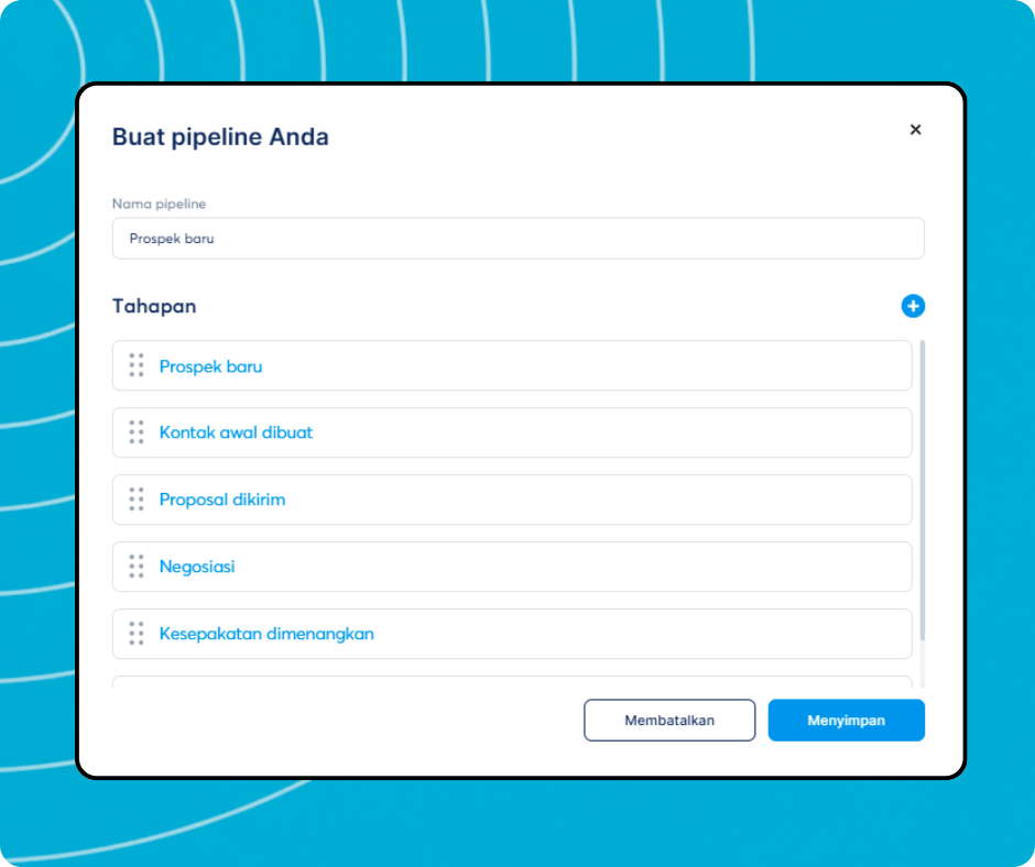 Pipeline creation modal in systeme.io allowing users to define pipeline name and customize deal stages for lead management.