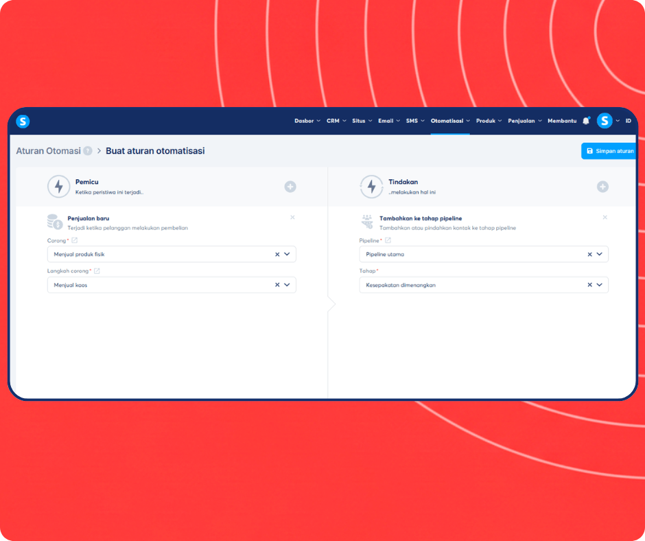 Automation rule setup in systeme.io assigning new sales to a specific CRM pipeline stage for streamlined deal tracking.
