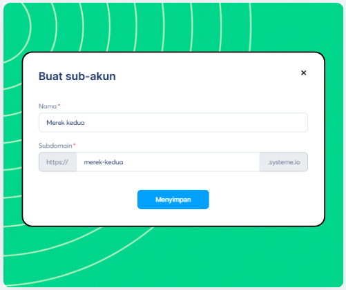 Sub-account creation form in systeme.io showing fields for workspace name and custom subdomain setup.