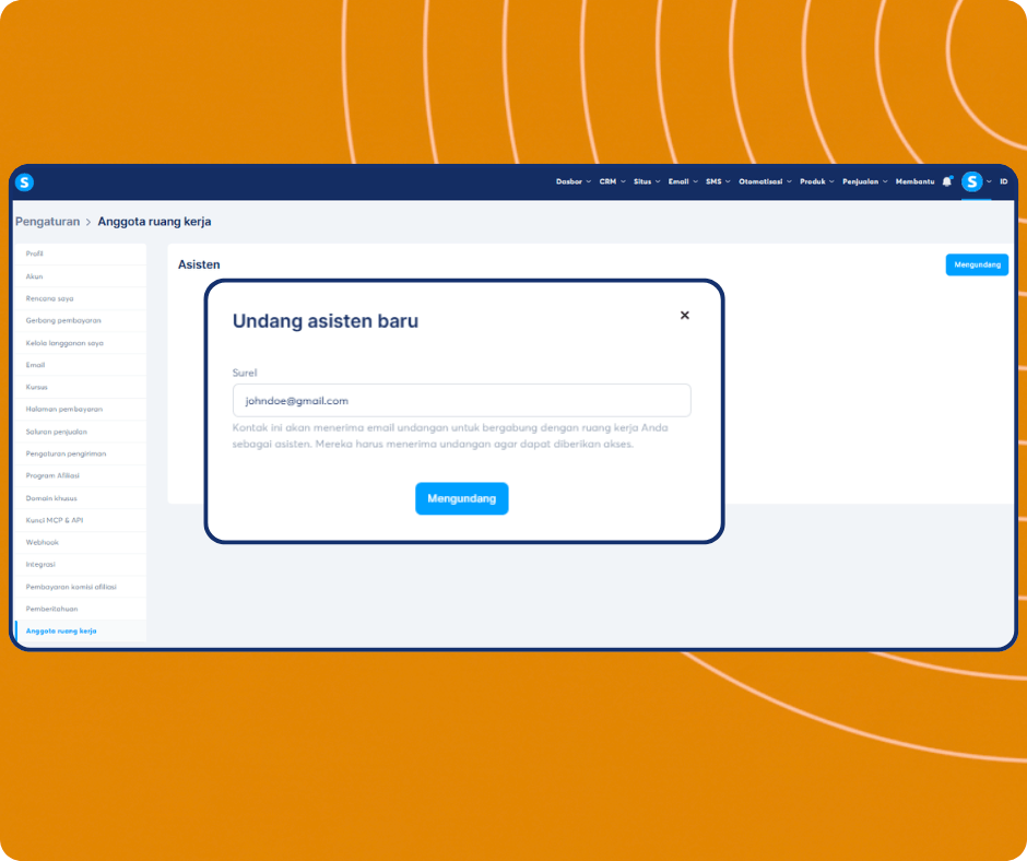 Invite assistant modal in systeme.io workspace settings allowing users to add team members by email and grant access to their account.