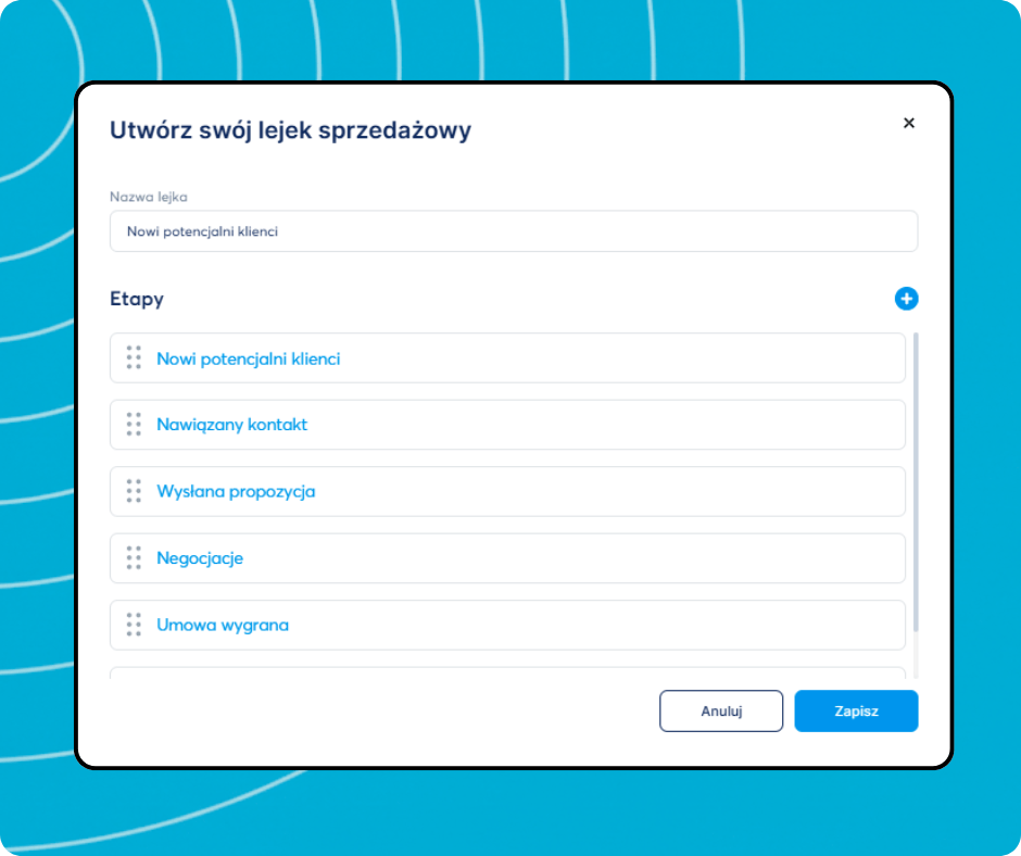Pipeline creation modal in systeme.io allowing users to define pipeline name and customize deal stages for lead management.