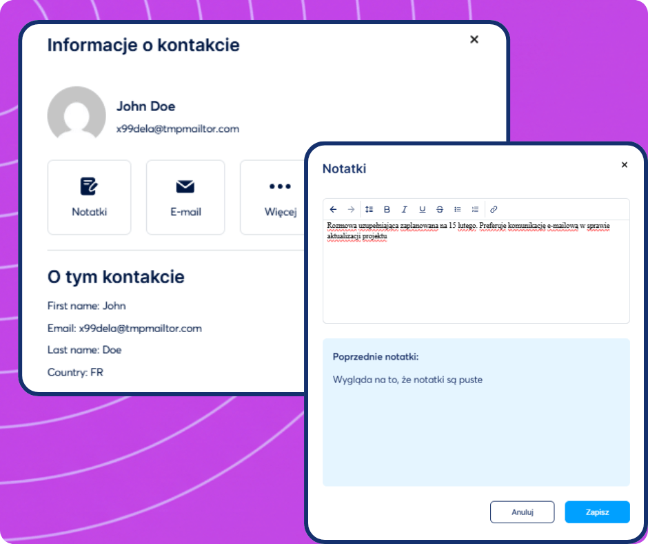 Contact details panel in systeme.io CRM with profile information, communication options, and notes editor for managing customer interactions.