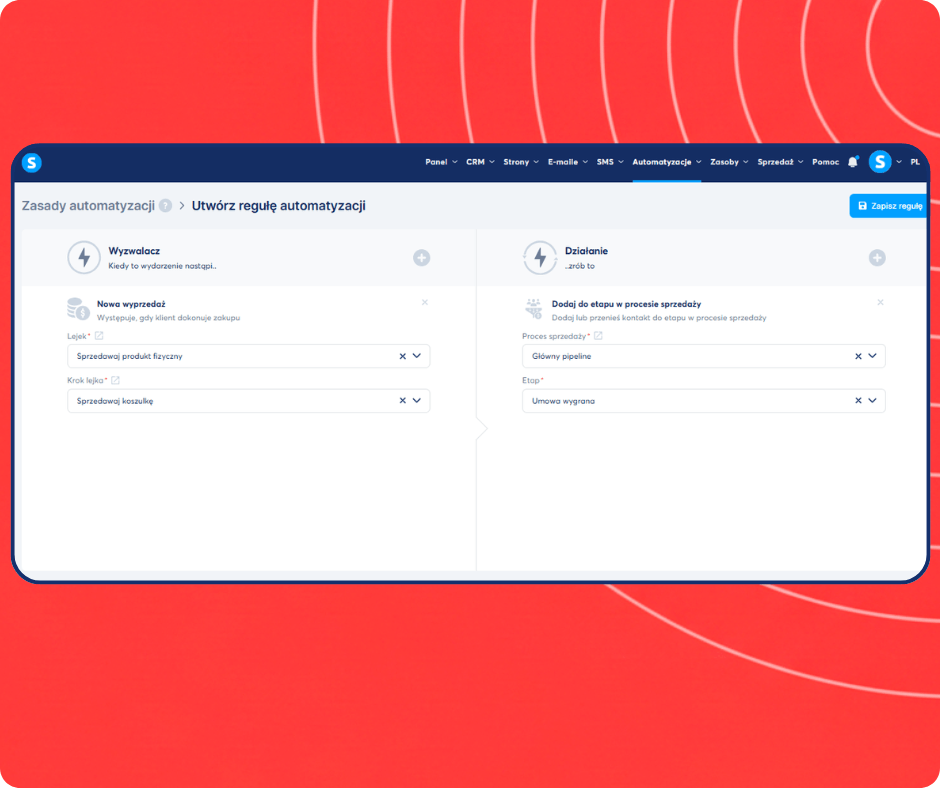 Automation rule setup in systeme.io assigning new sales to a specific CRM pipeline stage for streamlined deal tracking.