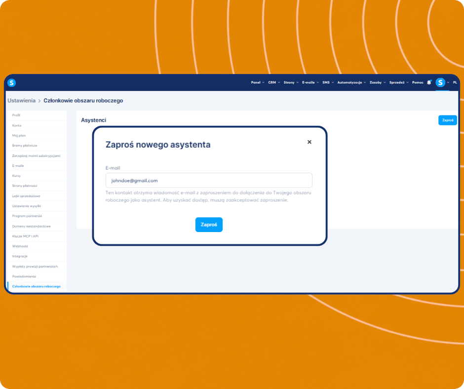 Invite assistant modal in systeme.io workspace settings allowing users to add team members by email and grant access to their account.