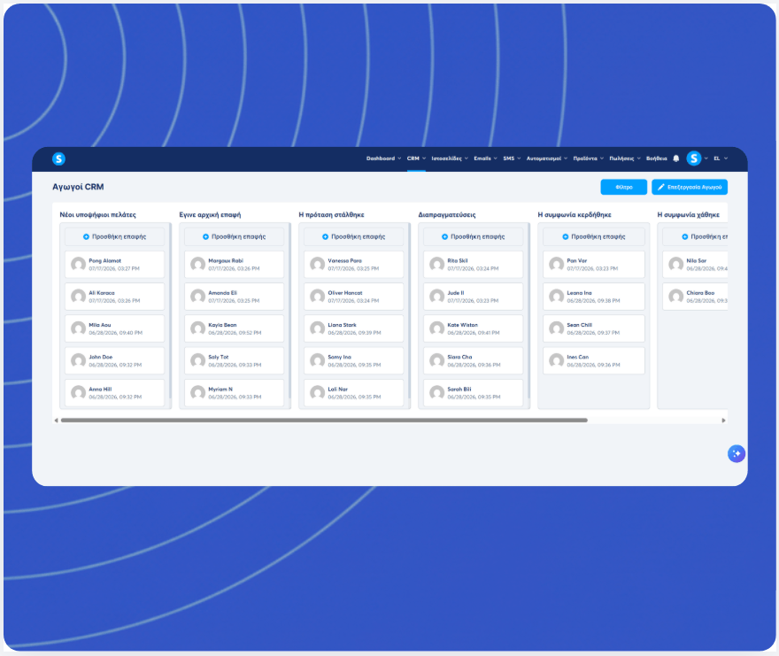 CRM pipeline view in systeme.io displaying leads organized by stages such as new leads, contact made, proposal sent, negotiation, won, and lost deals