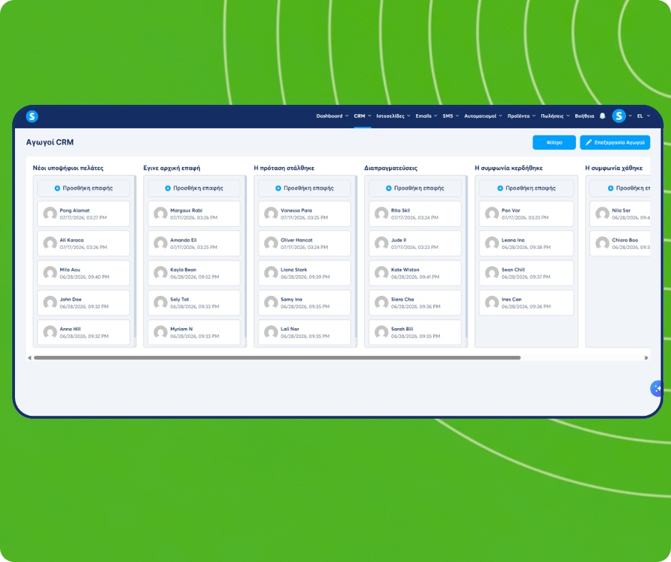 CRM pipeline board in systeme.io showing contacts distributed across stages from new leads to closed deals with drag-and-drop management