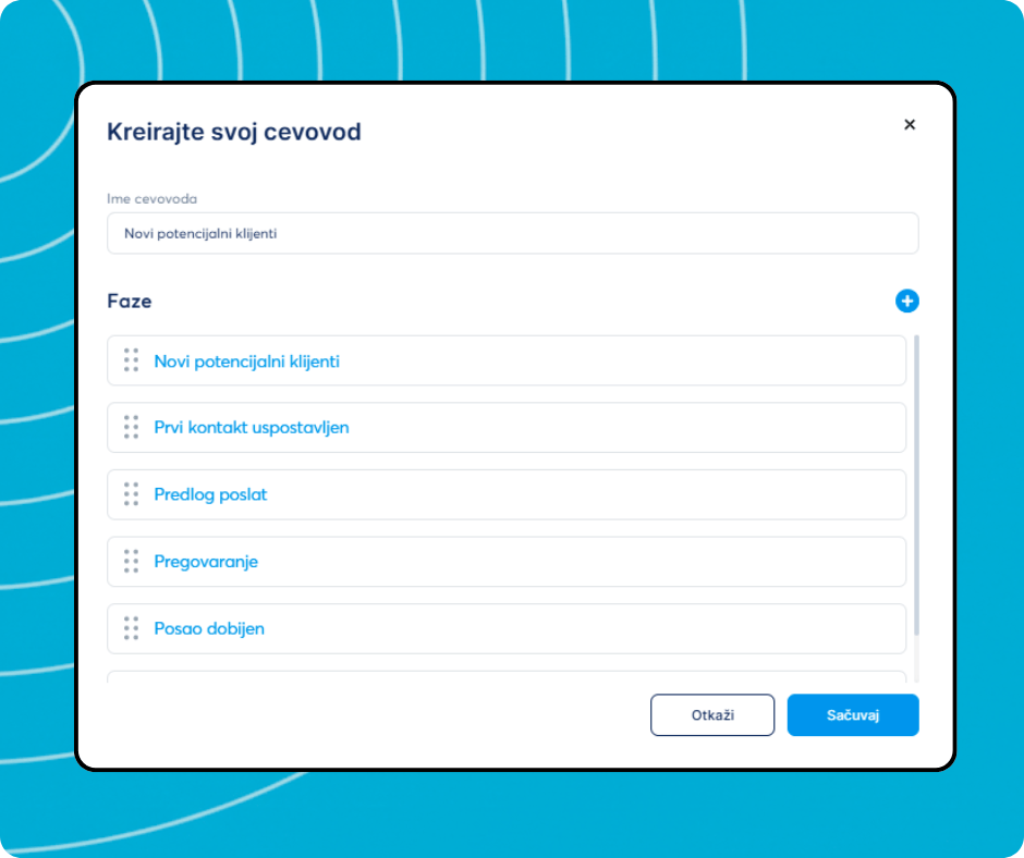 Pipeline creation modal in systeme.io allowing users to define pipeline name and customize deal stages for lead management.