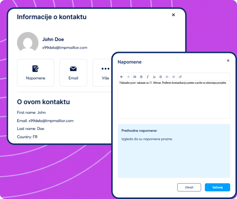 Contact details panel in systeme.io CRM with profile information, communication options, and notes editor for managing customer interactions.