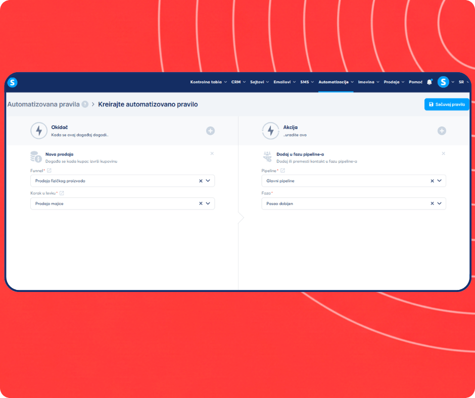 Automation rule setup in systeme.io assigning new sales to a specific CRM pipeline stage for streamlined deal tracking.