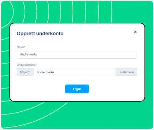 Sub-account creation form in systeme.io showing fields for workspace name and custom subdomain setup.