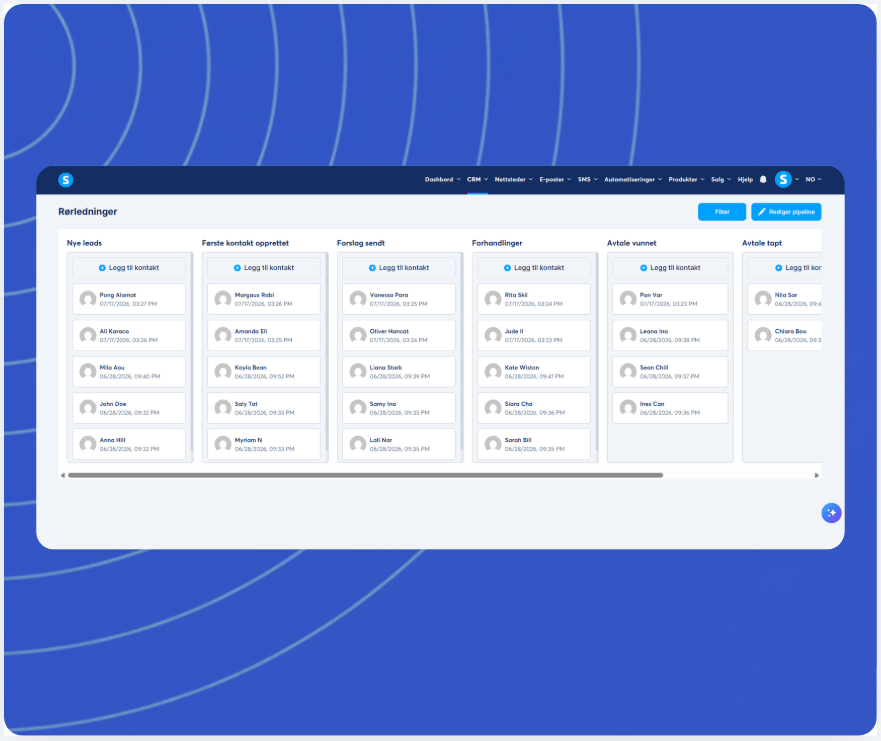 CRM pipeline view in systeme.io displaying leads organized by stages such as new leads, contact made, proposal sent, negotiation, won, and lost deals
