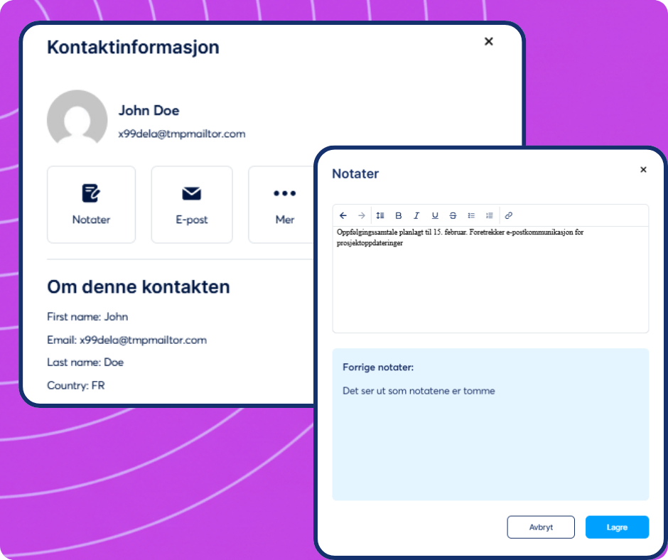 Contact details panel in systeme.io CRM with profile information, communication options, and notes editor for managing customer interactions.