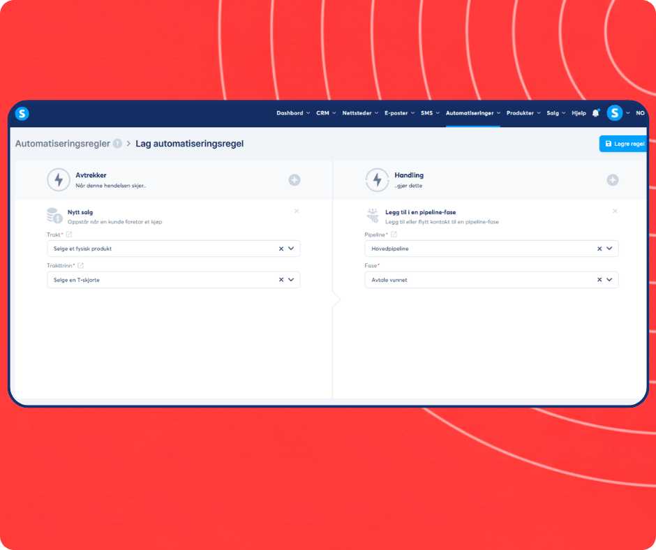 Automation rule setup in systeme.io assigning new sales to a specific CRM pipeline stage for streamlined deal tracking.
