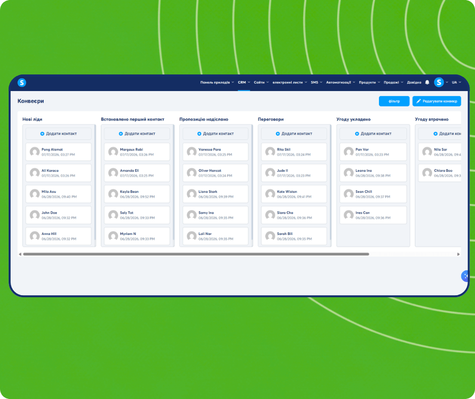 CRM pipeline board in systeme.io showing contacts distributed across stages from new leads to closed deals with drag-and-drop management