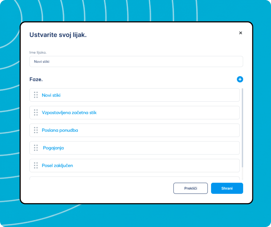 Pipeline creation modal in systeme.io allowing users to define pipeline name and customize deal stages for lead management.