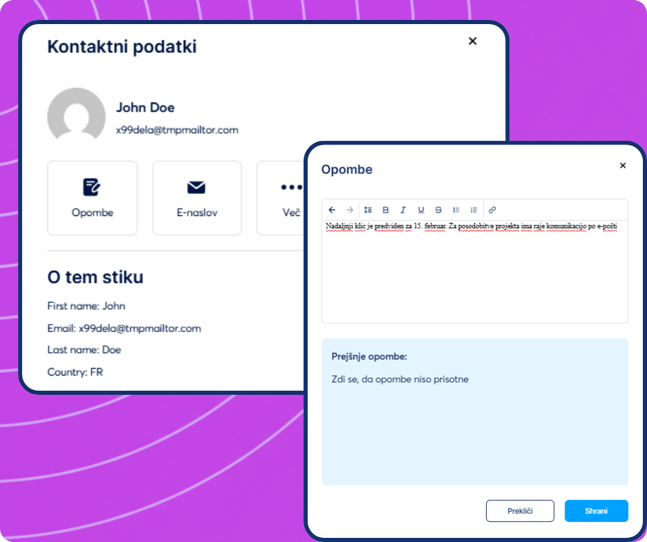 Contact details panel in systeme.io CRM with profile information, communication options, and notes editor for managing customer interactions.