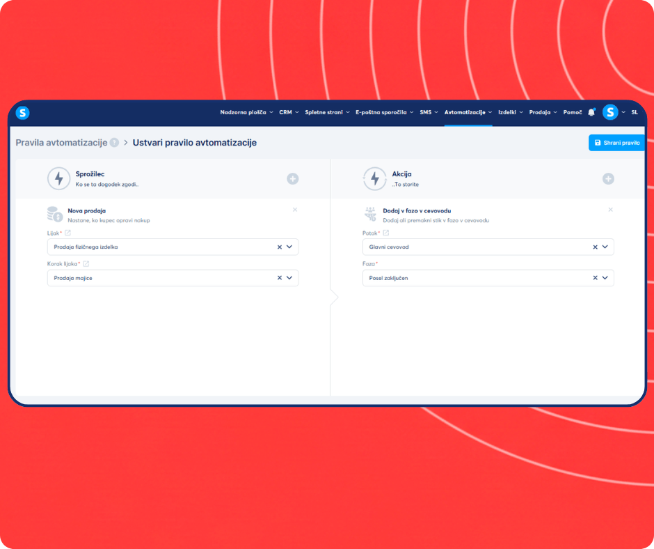 Automation rule setup in systeme.io assigning new sales to a specific CRM pipeline stage for streamlined deal tracking.