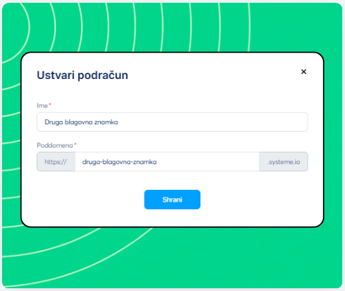 Sub-account creation form in systeme.io showing fields for workspace name and custom subdomain setup.