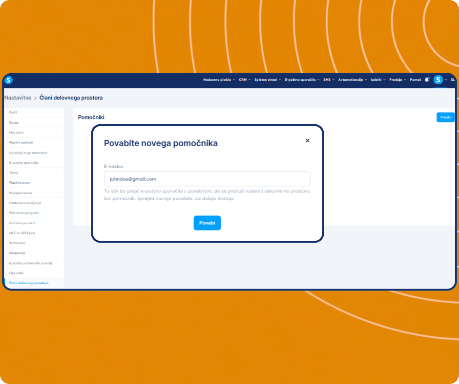 Invite assistant modal in systeme.io workspace settings allowing users to add team members by email and grant access to their account.